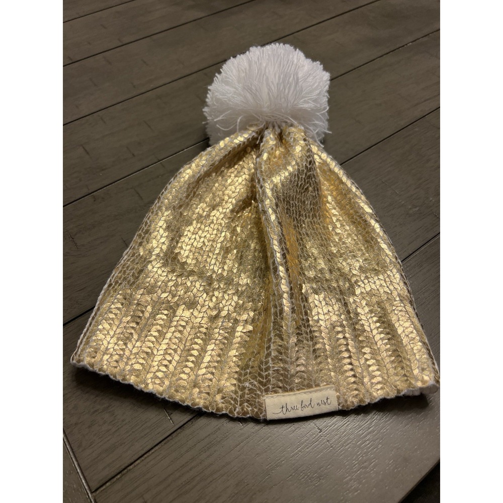 Three Bird Nest Metallic Gold Pom Pom Beanie Women Winter Hat- Chunky Soft Cozy